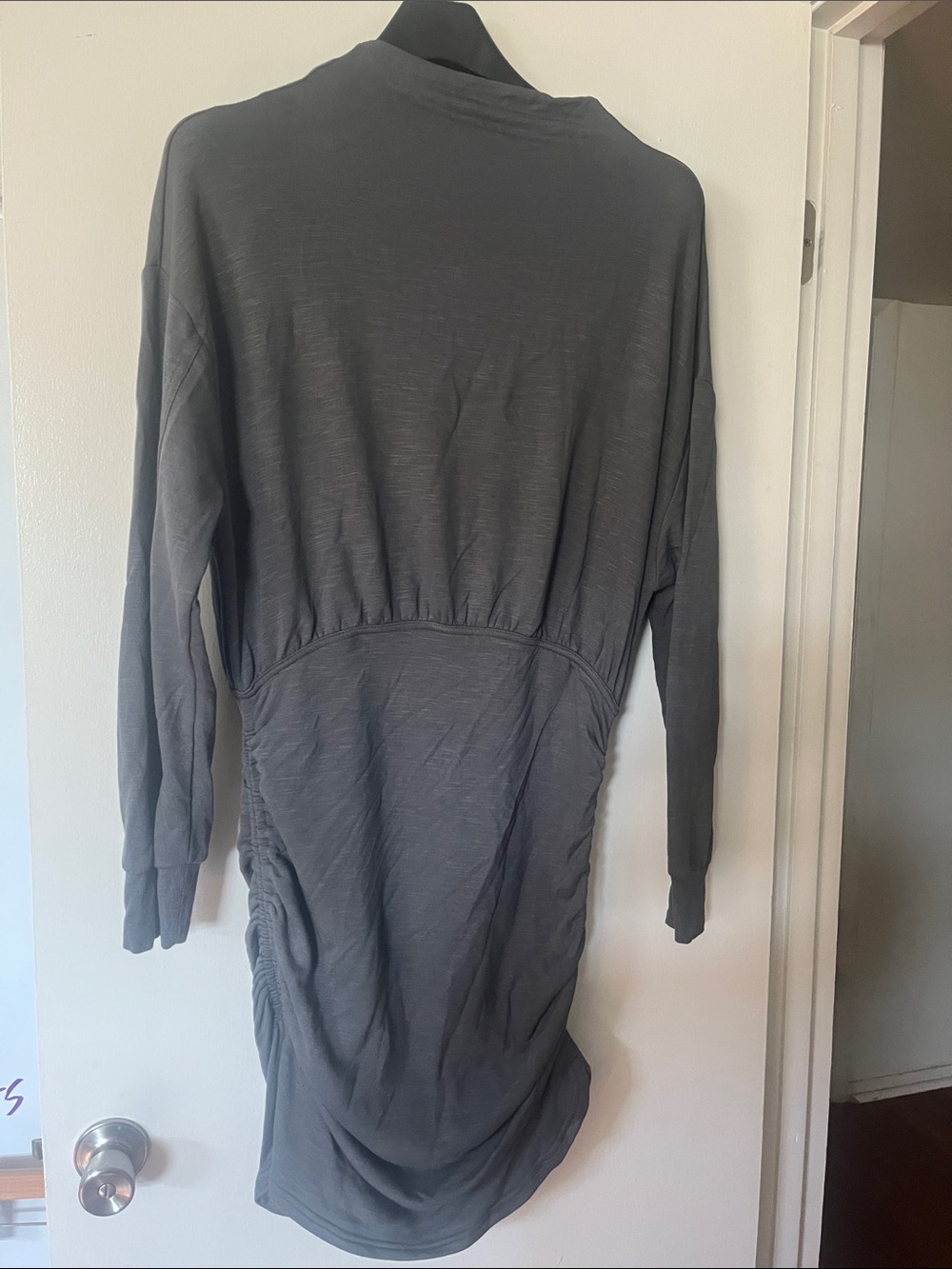 Anthropologie Gray Long-Sleeve V-Neck Ruched Knit Dress